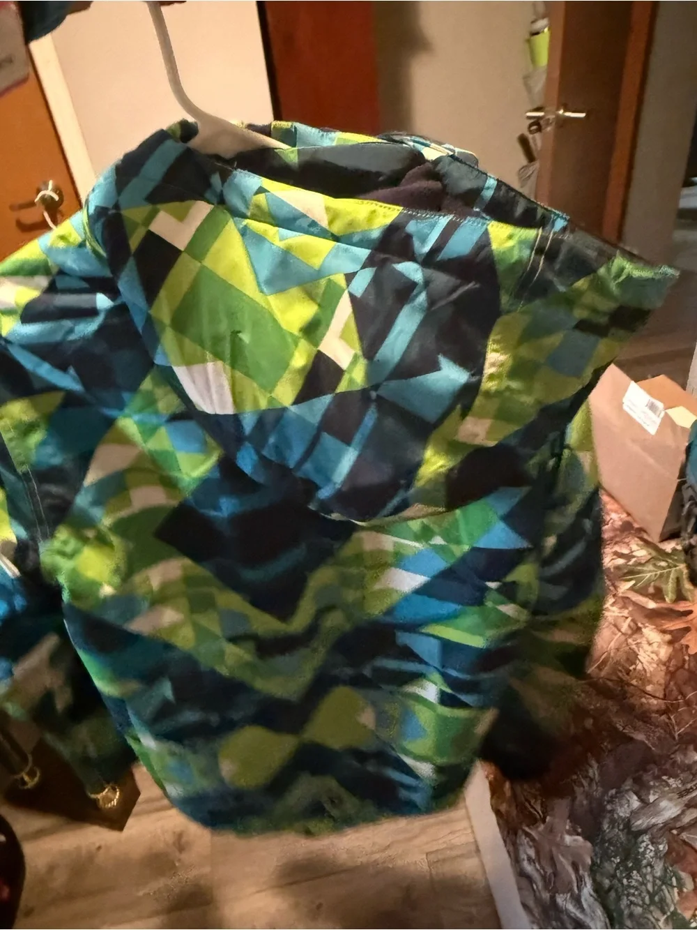 Geometric Print Winter Jacket in Blue + Lime Green